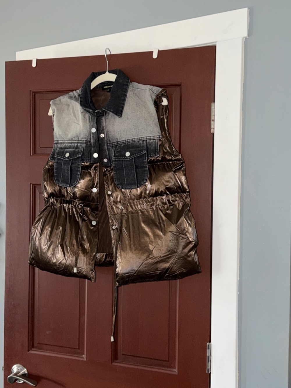 Metallic Brown Puffer Vest with Denim Yoke - Picture 2 of 5